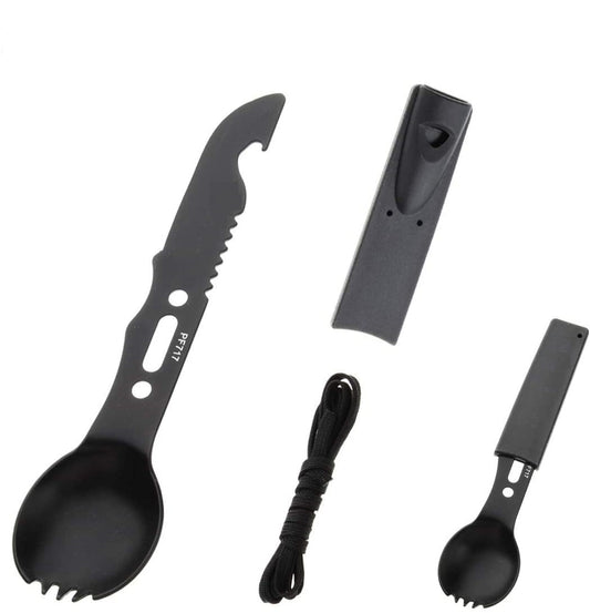 Utensilio combinado táctico de acero inoxidable-cuchara-tenedor-cuchillo