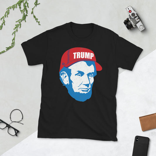 Camiseta unisex de manga corta con sombrero de apoyo de Trump del presidente Lincoln