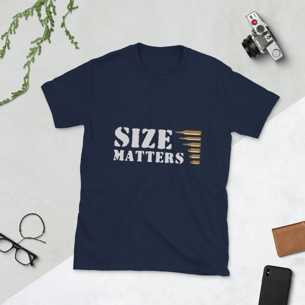 Size Matters gun engraçada camiseta unissex de manga curta