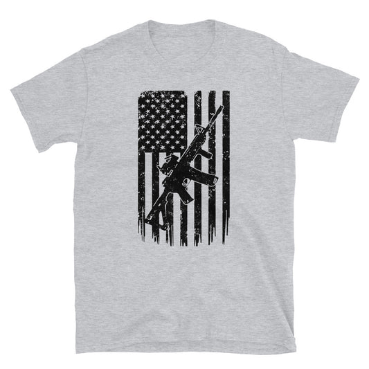 Camiseta unissex de manga curta com bandeira de arma
