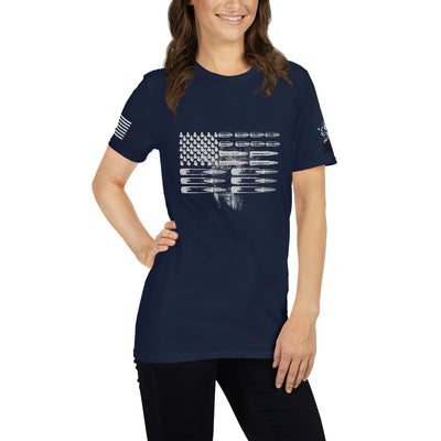 Camiseta unisex de manga corta con bandera de munición para mujer